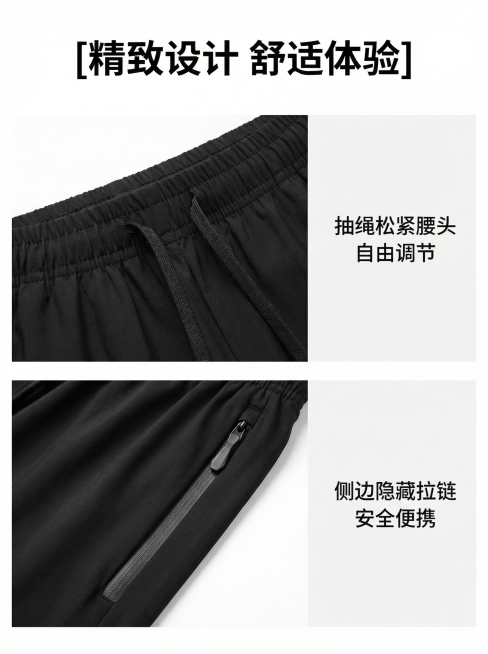 [设计卖点模块] 罗蒙短裤设计卖点模块，展示腰头与口袋设计
[氛围风格] 简约商务，清爽干净
[画面元素] 商业摄影质感、光线柔和通透、产品细节清晰真实、画面干净高级。上方展示抽绳松紧腰头细节特写，下预览效果