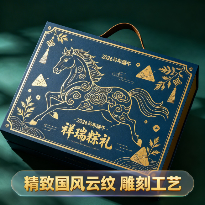 [主图 3] 国风端午定制礼盒设计细节展示
[氛围风格] 国潮意境治愈风，精致国风氛围感。
[画面元素] 商业摄影质感，光线柔和通透，产品清晰真实，画面干净高级。特写放大盒身骏马烫金纹样，展示精细的国预览效果