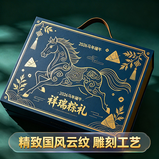 [主图 3] 国风端午定制礼盒设计细节展示
[氛围风格] 国潮意境治愈风，精致国风氛围感。
[画面元素] 商业摄影质感，光线柔和通透，产品清晰真实，画面干净高级。特写放大盒身骏马烫金纹样，展示精细的国风线条雕刻工艺，保留原图纹样设计，背景虚化突出细节，保持墨绿色国风氛围感。
[配色色系] 主色调：藏青蓝、烫金、墨绿；突出金色纹样与深蓝色盒身的对比。
[视角构图] 微距特写，聚焦纹样细节，浅景深突出主体。
[文字版式] 底部半透明悬浮条，居中排列，主标题 "精致国风云纹 雕刻工艺" 金色粗体字，字色与背景反差强烈。
[比例分辨率] 1:1 比例，2k 分辨率，文字清晰可辨，超高清。
[负向提示词] 变形，水印，文字错乱，产品图模糊，背景杂乱，低俗配色