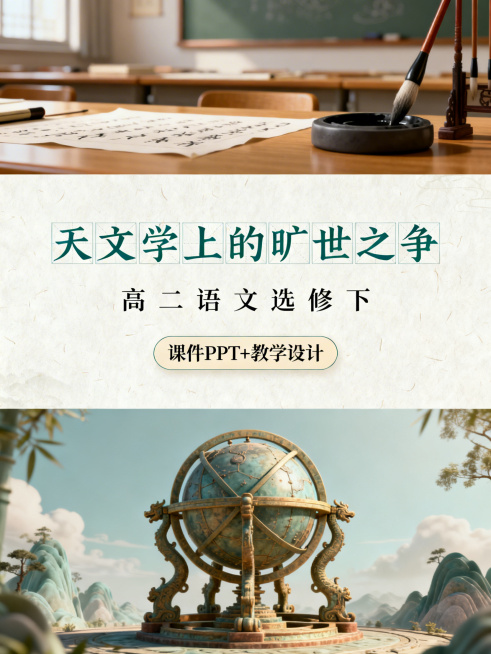 上区1/8是国风高中语文课堂，有毛笔、砚台；中区3/8是独立米白色背景，第一行色框填充篆书手写字体的"天文学上的旷世之争"，第二行每个文字居中排布的"高二语文选修下"，第三行圆角矩形框的"课件PPT+预览效果