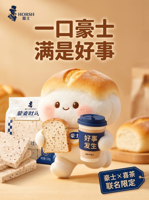 [主图-1] 豪士藜麦吐司面包首图，加入IP形象可爱毛绒面包公仔，喜茶联名好事发生主题。氛围风格：温暖治愈可爱电商风；画质：商业摄影质感、光线柔和通透、IP形象和产品都清晰真实、画面干净高级；元素：左预览效果