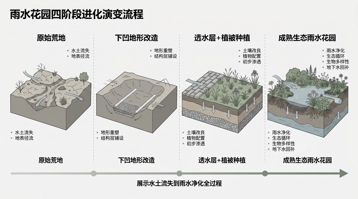 横向展板长图，雨水花园四阶段进化演变流程，时间轴线性排列，扁平化景观分析插画，极简线条，低饱和高级灰绿配色；包含四个阶段：原始荒地→下凹地形改造→透水层+植被种植→成熟生态雨水花园，展示水土流失到雨水预览效果