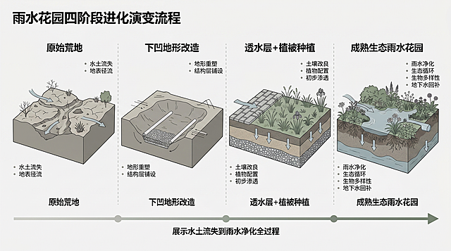 横向展板长图，雨水花园四阶段进化演变流程，时间轴线性排列，扁平化景观分析插画，极简线条，低饱和高级灰绿配色；包含四个阶段：原始荒地→下凹地形改造→透水层+植被种植→成熟生态雨水花园，展示水土流失到雨水净化全过程，展板级高清画质