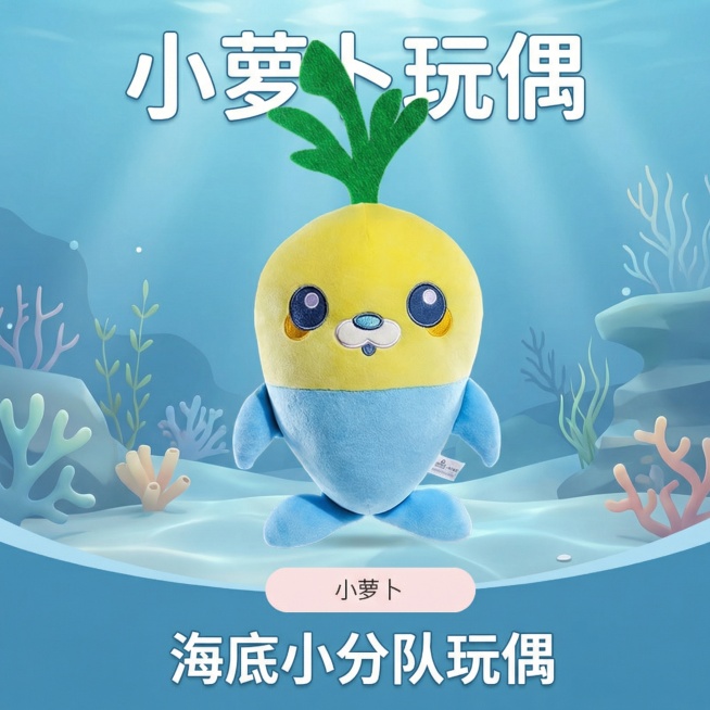 「图片1」这是一款小萝卜玩偶，换个背景，它是海底小分队中的一款，背景空一点，小萝卜玩偶的款式不变，添加【小萝卜玩偶】【海底小分队玩偶】文字，把【高28厘米】文字去掉预览效果