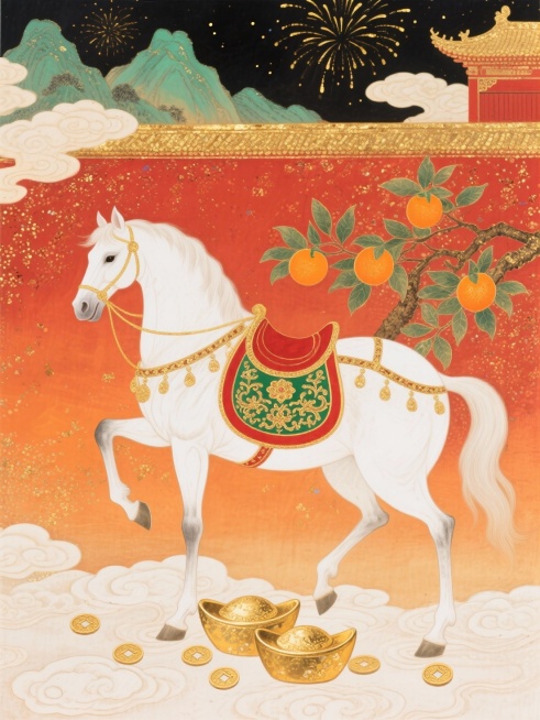 中式岩彩画风格马年喜庆插画，暖橙红高饱和色调，采用平涂式岩彩画工笔重彩风格，颗粒感肌理，画面视角为平视，中心对称构图。主体是一匹占画面 60% 比例的白色骏马，呈前蹄抬起的前行姿态，朝向画面左侧，身披预览效果