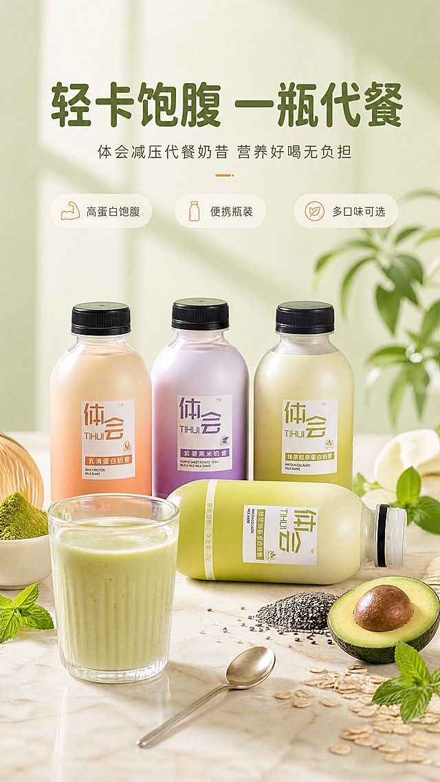 [商品] 使用【图1】体会减压代餐奶昔全家福（4瓶：浅橙、淡紫、浅黄绿抹茶款、横置抹茶款）；保留圆瓶黑色旋盖、瓶身"体会 TIHUI"Logo及文字、各款颜色与包装结构、瓶身标签文字；产品自然摆放，角度真实，不改变瓶型和颜色。
[画面] 目标：食欲氛围头图，主打轻卡代餐的清新健康感。构图：上文下图，上半部分留白放标题，下半部分产品主体占画面65%；4瓶奶昔错落摆放于浅米色大理石桌面，周围点缀新鲜抹茶粉、燕麦粒、奇亚籽、薄荷叶和半颗牛油果作为原料装饰；前景有一杯冲调好的奶昔和金属勺；背景为柔和的浅绿渐变与窗影自然光；前中后景层次分明，营造治愈轻食氛围。
[视觉] 套系策略：风格=清新治愈轻食商业摄影风；标题字=现代圆润无衬线粗体；正文字=简洁纤细无衬线体；主色=抹茶浅绿+奶杏白；背景延展=基于浅绿与奶杏做同色系渐变、柔和光斑与窗影质感；强调色=暖橘粉，仅用于小面积图标、引线和标签点缀；标题色=深抹茶绿；正文色=暖灰棕；组件=圆角浅底信息卡、细线引线、小图标点缀；光影=左前侧柔和自然光，通透干净。
[文字] 顶部居中主标题「轻卡饱腹 一瓶代餐」，副标题「体会减压代餐奶昔 营养好喝无负担」，下方3个小卖点icon：高蛋白饱腹 / 便携瓶装 / 多口味可选；文字区不遮挡瓶身Logo和主标签。
[规格] 图片比例9:16竖版，4K分辨率，负向提示：避免变形、错字、文字过小、瓶身文字错乱、颜色失真、冷蓝灰背景、医疗化功效表述、绝对化用语。