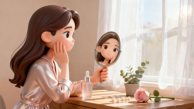 趣味3D插画风格，C4D渲染，OC渲染，Blender建模，柔软光线，马卡龙色系，泡泡玛特盲盒质感，光滑黏土材质，影棚打光，8k分辨率，超细节，清晨窗边梳妆台前，一位温柔女性穿着浅色真丝睡衣侧对镜头，长发松散，晨光透过白色纱帘柔柔洒落，一手轻触脸颊，另一只手拿着镜子看脸蛋，镜子上突出细腻皮肤纹理和淡淡水润光泽，梳妆台上摆着磨砂质感半透明精华液瓶子、简约手持镜映出侧脸、一小盆尤加利叶、一支淡粉色玫瑰、几颗米白色珍珠散落，阳光在木质台面投下斑驳光影，表情自然柔和，极简场景，纯净极浅杏仁色渐变背景，整体氛围温柔细腻，天生肤质