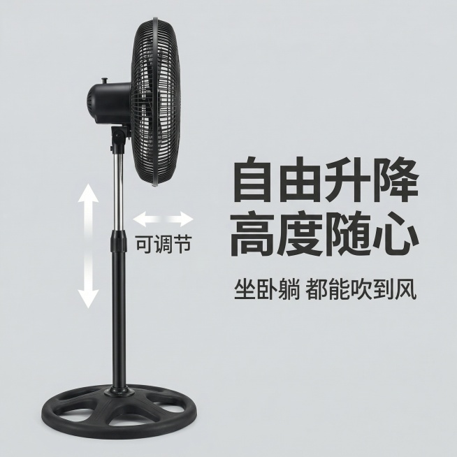 严格还原参考图中风扇产品细节，保持产品外观、包装设计、颜色、LOGO位置、文字内容、图案元素完全一致，保留产品真实哑光材质质感。画面比例为1:1，展示升降杆调节细节，产品侧面展示，居中布局，视觉焦点在预览效果
