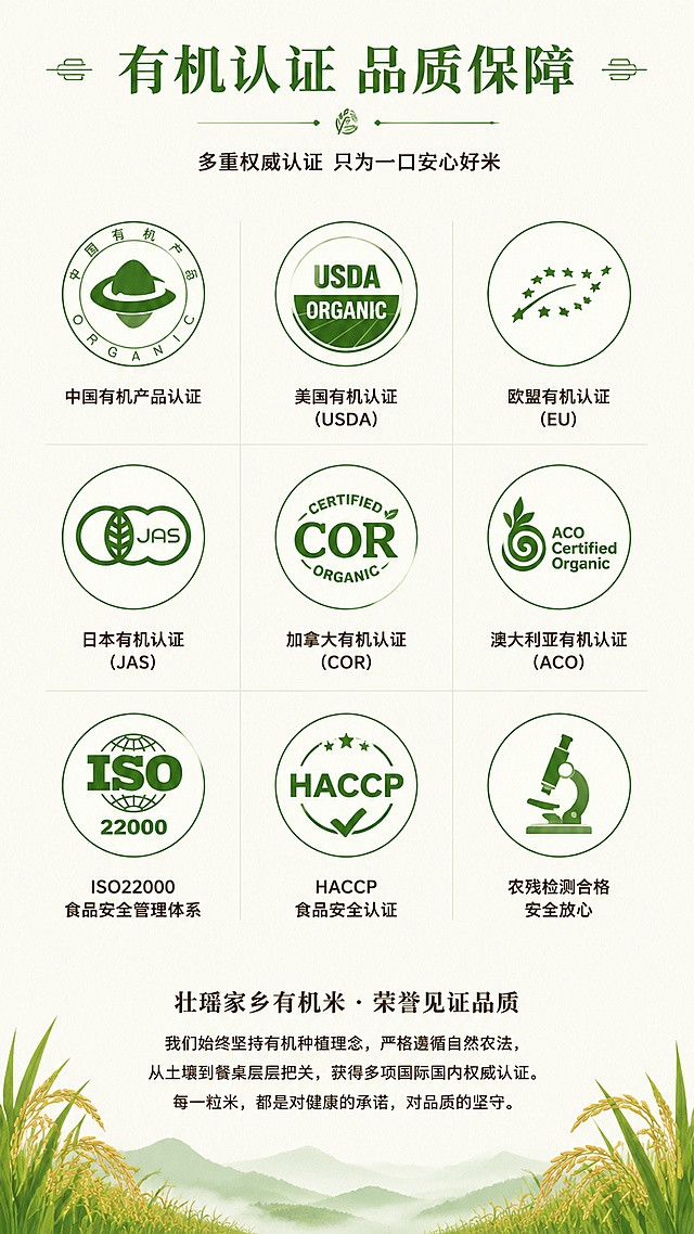 使用商品详情页技能根据商品图「图片1」「图片1」「图片1」生成详情页，参考图为「图片1」，商品名称为壮瑶家乡有机米主图，卖点为使用AI工具生成一套完整的商品详情长图（可用长图或切片形式）；  需包含以下核心信息模块（顺序合理）：  首屏：吸睛海报式大图 + 核心卖点总览；  产品基本信息（名称、规格、产地、保质期等）；  有机认证/资质展示（可用示意图标）；  产地优势（连山自然环境、有机种植等）；  产品实拍展示（多角度）；  食材对比/品质差异说明；  食用建议/烹饪场景/搭配推荐；  品牌故事或企业信息（“乡意浓”品牌简介）；  售后保障/物流说明；  整体排版节奏张弛有度，图文比例适当，信息层级清晰；  色调与海报、主图保持一致，形成统一视觉识别。，适配平台为淘宝/天猫，图片比例为16:9，需求屏数为8张，