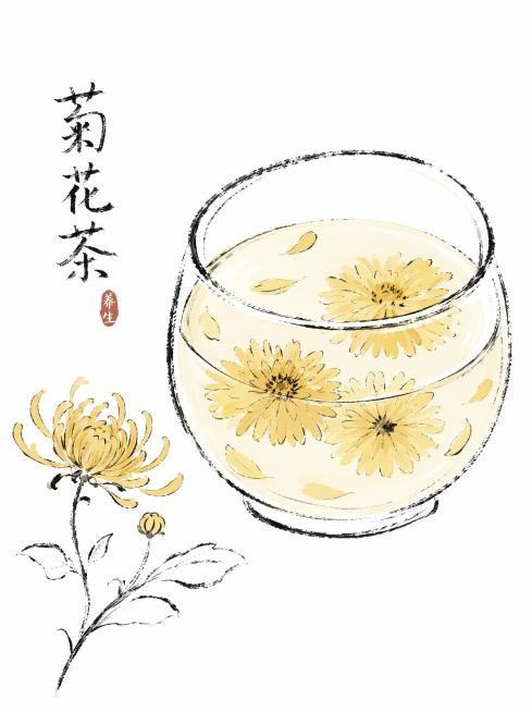 现代小红书轻国风插画，中医养生治愈主题，菊花茶，玻璃杯盛放菊花茶，漂浮菊花，圆润杯身，极简写意花草线条，中式焦墨枯笔水墨速写，粗犷干枯毛笔笔触，干擦断裂毛边线条，顿挫粗黑轮廓描边，统一枯笔肌理，整体线预览效果