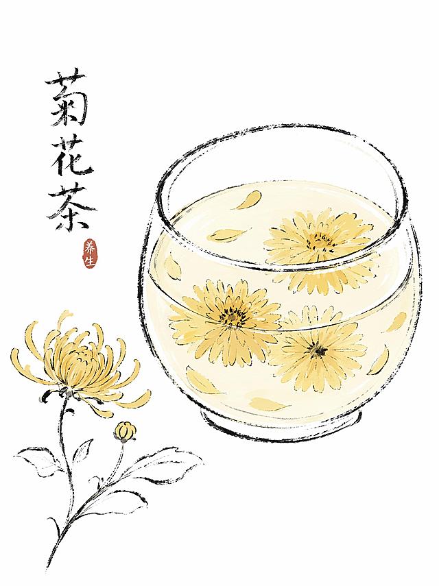 现代小红书轻国风插画，中医养生治愈主题，菊花茶，玻璃杯盛放菊花茶，漂浮菊花，圆润杯身，极简写意花草线条，中式焦墨枯笔水墨速写，粗犷干枯毛笔笔触，干擦断裂毛边线条，顿挫粗黑轮廓描边，统一枯笔肌理，整体线条质感完全一致，卡通圆润简约造型，扁平化极简造型，干净纯白色背景，无多余杂物，柔和通透低饱和氛围感，轻量化ins自媒体海报素材，简约干净构图，无厚重阴影，无写实纹理，反向提示词：写实，厚涂，3D立体，厚重阴影，顺滑水润墨线，无飞白干笔，人物五官，繁杂花纹，浓烈撞色，复古宣纸纹理，细碎杂乱线条，真人照片，复杂渐变背景，多余装饰，立体光影