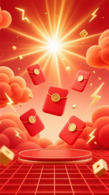 电商背景，红色渐变为主色调，顶部中央有强烈的金色光芒向外放射出明亮的光线和光束，光芒周围环绕着橙红色的云朵，底部是红色的网格状平台，平台上方漂浮着几个红色的红包，红包上有金色的圆形图案，画面中还有一些金色的闪电状光效和闪烁的金色小方块，整体营造出热烈、喜庆、充满活力的促销氛围，适合电商活动宣传使用，具有强烈的视觉冲击力和吸引力。预览效果