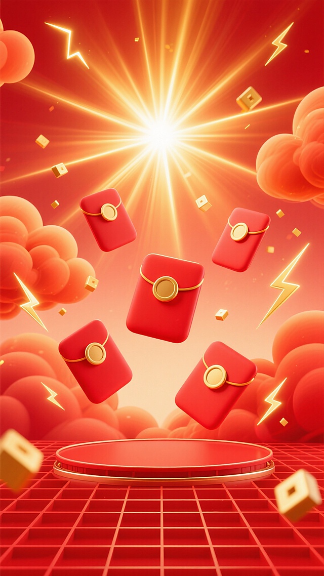 电商背景，红色渐变为主色调，顶部中央有强烈的金色光芒向外放射出明亮的光线和光束，光芒周围环绕着橙红色的云朵，底部是红色的网格状平台，平台上方漂浮着几个红色的红包，红包上有金色的圆形图案，画面中还有一些金色的闪电状光效和闪烁的金色小方块，整体营造出热烈、喜庆、充满活力的促销氛围，适合电商活动宣传使用，具有强烈的视觉冲击力和吸引力。