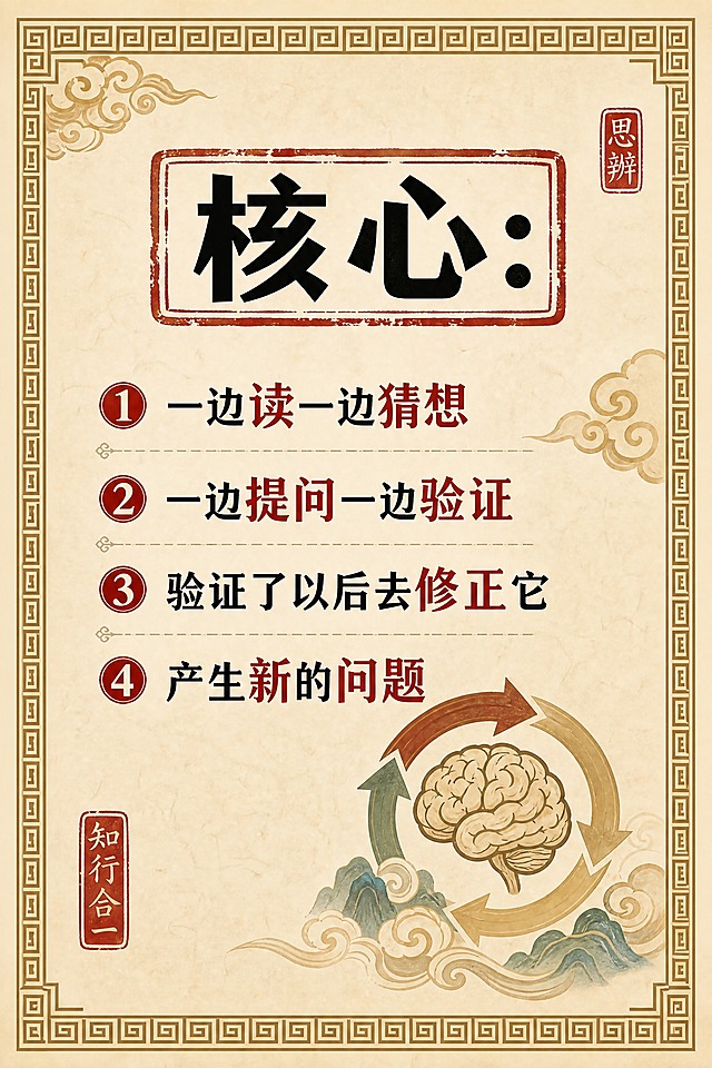 小红书笔记内页，核心卡片，国风山海经风格，米黄色宣纸纹理背景、回纹边框、整体典雅国风气韵。版式精美，信息层级清晰。顶部大标题逐字锁定：「核心：」，黑色粗黑体，朱红色印章式底框，字号醒目。下方四行说明文字，逐字锁定：第一行「一边读一边猜想」，第二行「一边提问一边验证」，第三行「验证了以后去修正它」，第四行「产生新的问题」。每行前加小圆点标号，关键短语加朱红色强调。卡片整体带回纹边框和轻微宣纸质感。配图：卡片角落加一个大脑或思考循环国风小图标。装饰：角落加祥云或卷草纹点缀；加少量国风印章元素。整体氛围：国风典雅、干货清晰、核心突出。画质：高清细腻，文字清晰可读，所有文字完整处于安全区内不可裁切，四周留安全边距。画面比例 2:3，4K。