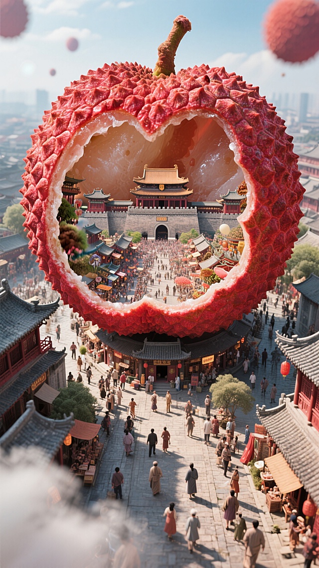 中式古典建筑与荔枝双重曝光，3D超现实主义风格，梦幻般融合传统与现代。画面由一个巨大的红色荔枝构成，果肉里面是一座繁华的古代长安城池。周边街道热闹景象。色彩保和明亮，肌理磨砂，高斯模糊，动态模糊。超高空俯视，超广角镜头。氛围大气而灵动，极具观赏性。