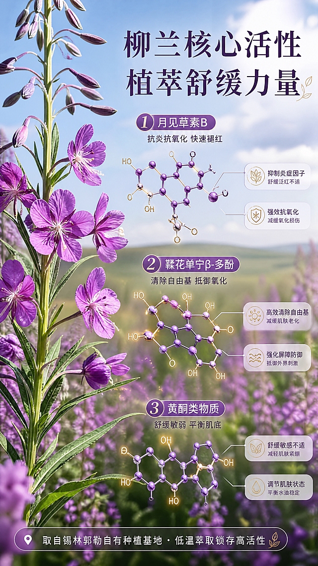 [商品] 本页为成分机理专页，以柳兰原生植物与成分分子为主体，不强制产品包装出镜；保留柳兰花的真实形态：四瓣紫色花朵、细长绿叶、直立花茎，参考【图6】【图7】【图8】【图9】【图10】【图11】中原生柳兰的花型、叶形与颜色，不得随意变形或改色。
[画面] 页面目标：讲透柳兰核心成分的修护机理，建立专业信任。构图：左侧为放大的柳兰原生花枝特写（占画面40%），花瓣、叶片纹理清晰可见；右侧与中部悬浮着月见草素B、鞣花单宁β-多酚、黄酮类物质的分子结构示意，分子元素大且占主视觉（合计≥50%画面）；背景是虚化的柳兰花海与草原天光，形成「原生植物 → 活性分子 → 肌肤修护」的视觉链路。
[视觉] 套系策略：风格=原生草原植萃风 高级商业摄影；标题字=优雅宋体加粗；正文字=简洁无衬线体；主色=柳兰紫（#8B5CF6）+ 草原绿；背景延展=基于柳兰紫与草原绿做深浅渐变、花海虚化、天空云层层次；强调色=暖金色，仅用于小面积高光、标签和图标点缀；标题色=深紫近黑；正文色=深灰紫；组件=圆角半透信息卡、细线引线、草本图标；光影=自然顶侧柔光，模拟草原日光，产品正面清晰无逆光。
[文字] 顶部主标题「柳兰核心活性 植萃舒缓力量」；中部3条编号成分利益：1. 月见草素B · 抗炎抗氧化 快速褪红；2. 鞣花单宁β-多酚 · 清除自由基 抵御氧化；3. 黄酮类物质 · 舒缓敏弱 平衡肌底；底部小字说明「取自锡林郭勒自有种植基地 · 低温萃取锁存高活性」；全部文字横排，分子元素旁配短标签，字号清晰。
[规格] 图片比例9:16竖版，4K分辨率，负向提示：避免花朵变形、分子元素过小、冷蓝灰主色、白底极简、文字竖排、医疗功效承诺、极限词。