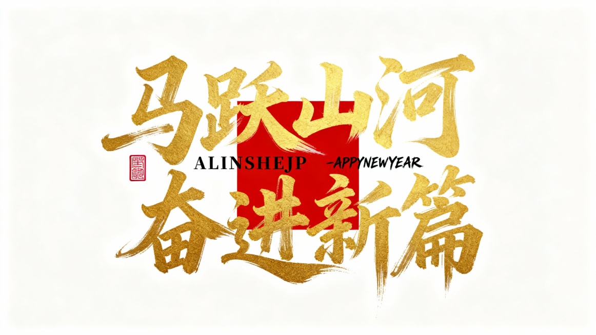 主体为狂野豪迈的烫金连体书法字"马跃山河 奋进新篇"，国潮风笔触，字体大小不一错落有致的排版，笔画流畅飘逸且大幅拉长变形，带自然飞白效果，视觉冲击力拉满;字间嵌入传统朱红色方形印章"ALINSHEJP预览效果
