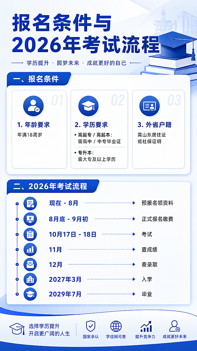 现代简约教育宣传海报，标题"报名条件与2026年考试流程"，内容包含：一、报名条件：年龄要求年满18周岁，学历要求高起专/高起本需高中/中专毕业证，专升本需大专及以上学历，外省户籍需山东居住证或社保证明；二、流程：现在-8月预报名领资料，8月底-9月初正式报名缴费，10月17-18日考试，11月查成绩，12月查录取，2027年3月入学，2029年7月毕业。排版清晰，蓝色简约教育风格，统一整体风格