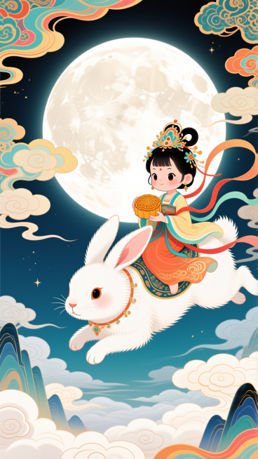 巨大的白色的毛绒绒的兔子飞翔，一个嫦娥装扮的Q版小女孩坐在兔子背上手里拿着月饼，精美的头饰，背景有个超级大月亮，适当留白，轻浮于云海之上预览效果