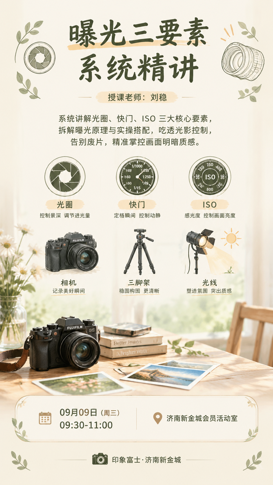 文艺清新摄影课程活动海报，竖版9:16，商用活动宣传图，高清细… - 图片创意预览