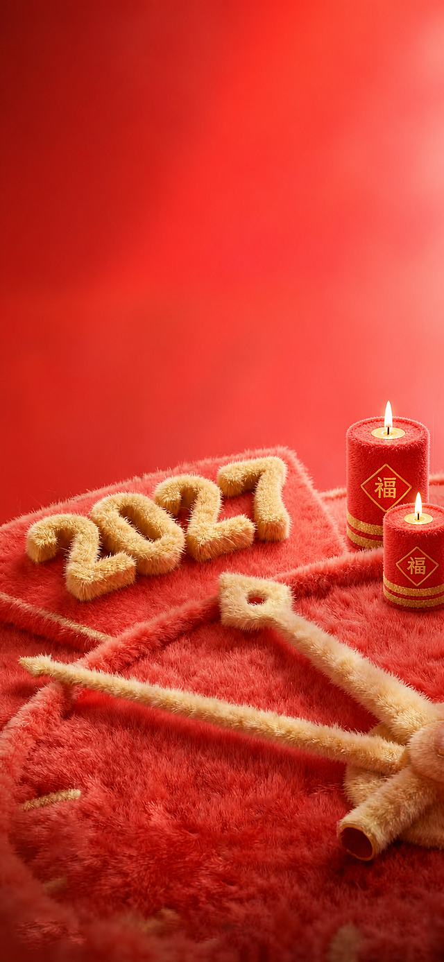 将原图中的毛绒数字2026修改为2027，保留毛绒材质和原图质感，然后把鞭炮替换为两根红蜡烛，蜡烛整体风格、质感和原图保持一致，其他背景和元素不变