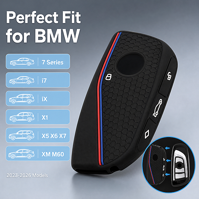 [主图-2] 2 Pack Silicone Key Fob Cover for BMW 7 Series i7 iX X1 X5 X6 X7 XM M60 2023-2026, Signal-Friendly Anti-Pressure Car Key Protector with Key Ring, Compatible with 3-Button Key Fob。适配车型展示，证明产品精准兼容多款宝马新车型钥匙。
[统一基调] 亚马逊跨境风格，浅冷灰色渐变背景，科技感简洁风，主标题白色加粗无衬线字体，辅助文字浅灰色，强调色为宝马蓝，图标线条简洁。
[画面] 画面中央偏右展示1个黑色硅胶钥匙保护套正面45度视角，清晰展示按键布局和红蓝条纹。左侧上方用大号白色粗体字写主标题"Perfect Fit for BMW"，下方排列6个车型名称标签："7 Series"、"i7"、"iX"、"X1"、"X5 X6 X7"、"XM M60"，每个标签配一个简约汽车轮廓图标，标签用浅蓝圆角矩形背景。底部小字标注"2023-2026 Models"。右下角有一个圆形放大图，展示钥匙套内部轮廓与原车钥匙完美贴合的示意。
[光影质感] 产品精修质感，硅胶表面细腻哑光，按键图标清晰凸起，光线均匀柔和，产品自然融入浅灰背景，底部有柔和投影。
[配色] 浅冷灰色渐变背景，主标题白色，车型标签浅蓝色底白字，产品黑色配红蓝条纹，整体冷色调科技感。
[文字版式] 主标题在左上，大号粗体无衬线英文字体；车型标签在左侧中部，整齐排列；底部小字说明。所有文字均为英文，清晰可读，不遮挡产品主体。
[输出要求] 1:1正方形比例，2048x2048像素，产品清晰，文字清晰，无变形，无错字，无水印，无平台Logo。