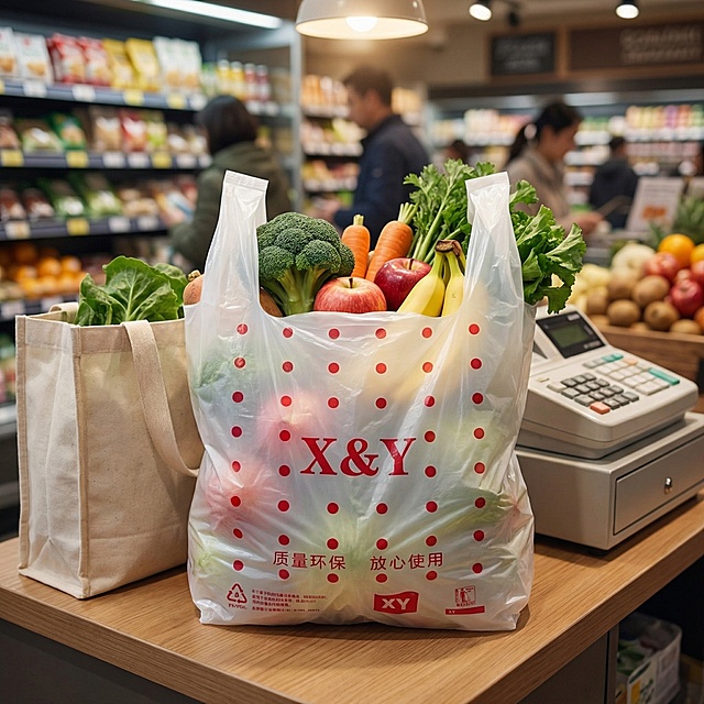 场景细节图，白色X&Y红色圆点塑料背心袋，置于超市购物场景中，袋内装有蔬菜水果，营造日常使用的温馨氛围，突出袋子的实用质感，光影柔和重氛围