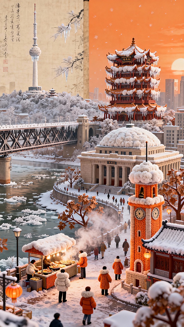 国潮风与微缩艺术融合，雪覆古塔、毛线钟楼，暖灯市集映衬水墨卷轴，冬日温馨梦幻如画。