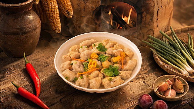 豆泡汤碗严格参照上传产品图，完整保留碗的造型、汤品、豆泡、黄辣椒、胡萝卜丝、香菜、葱花、红辣椒、小果子、蒜碟等所有可见组件、轮廓形状、结构、比例、材质质感、颜色与原图完全一致，自然融入新场景光影。
农家土灶场景，深黄土木色调，质朴烟火气氛围。
背景为黄土坯灶台配木质台面，左上角可见粗陶大缸与玉米串，右侧搭配竹编簸箕与新鲜蒜苗，蒸汽浓郁。
暖调柴火侧光，产品受光面泛起土黄色、暗部映射深褐色光晕，与环境物理融合。
保持原图视角和构图不变，产品位置居中。
4K分辨率，严格锁定宽高比与原图一致。