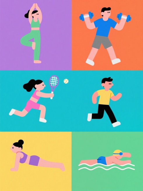 一组6个不同运动元素的系列插画，保持简约扁平风格，纯色背景，每个画面整体色彩变换，包含：1. 女性做瑜伽树式姿势，绿色服装配紫色背景；2. 男性举哑铃锻炼，蓝色上衣灰色短裤配橙色背景；3. 女孩打羽毛球跳跃接球，粉色运动服配青色背景；4. 男孩跑步姿态，黄色T恤黑色运动裤配蓝色背景；5. 女性做平板支撑，紫色运动背心配黄色背景；6. 男性游泳划水动作，蓝色泳裤配绿色背景。所有插画采用相同的简约……预览效果