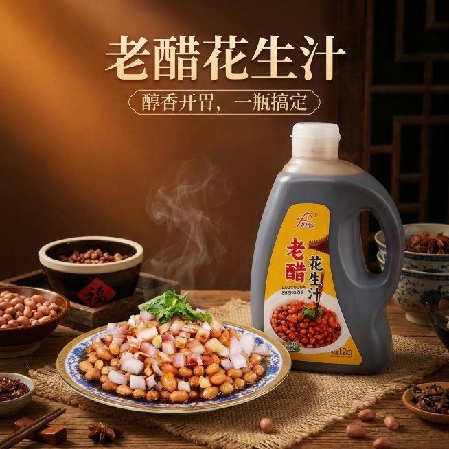 将老醋花生汁产品和做好的老醋花生菜品组合在一起，生成具有高级感和氛围感的宣传海报，突出调味汁的美味诱人，展示成品菜品与产品包装，色调温暖有食欲，美食商业海报风格预览效果