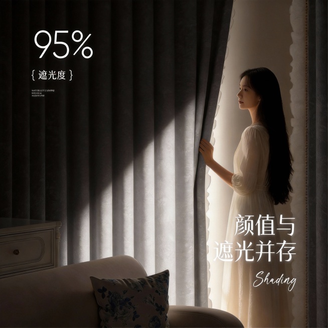 不改变窗帘的面料材质，切换不同的家装场景（最好是少女风奶油风），要求是在昏暗的室内，展示窗帘的遮光效果很好，改变角度，保留文字，一次生成4张；（遮光度）预览效果