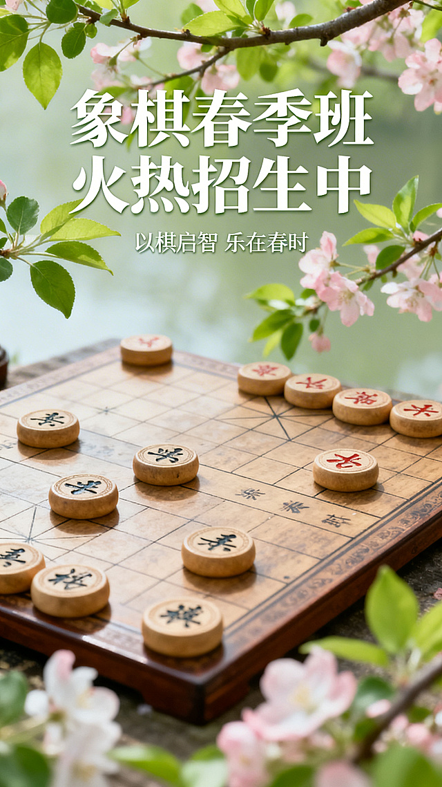 象棋春季招生海报，画面中有古朴象棋棋盘和棋子，背景是春日嫩绿枝叶与淡粉花朵，搭配醒目的白色艺术字“象棋春季班 火热招生中”，下方小字标注“以棋启智 乐在春时”，整体风格雅致清新，充满春日氛围