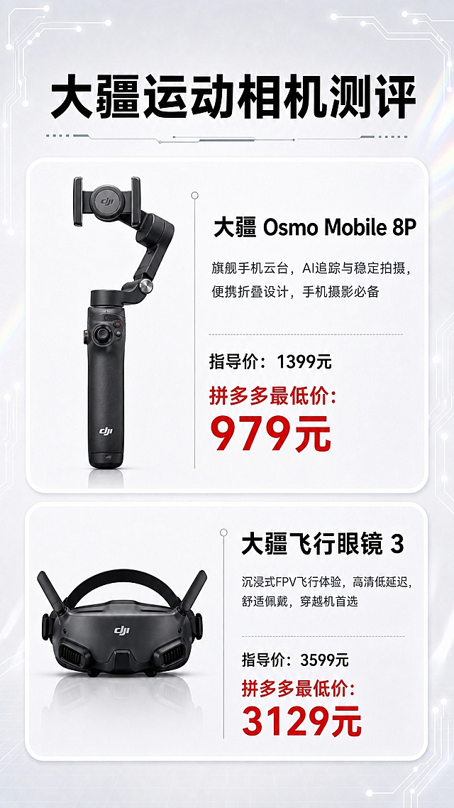 基于这张大疆运动相机测评海报进行修改：

1. 上方卡片：将产品从大疆Pocket 3替换为大疆Osmo Mobile 8P手机云台（黑色折叠式手机稳定器，三轴云台造型，带手柄和手机夹，带DJI logo）。标题改为"大疆 Osmo Mobile 8P"，描述文字改为"旗舰手机云台，AI追踪与稳定拍摄，便携折叠设计，手机摄影必备"。价格改为"指导价：1399元"和"拼多多最低价：979元"。

2. 下方卡片：将产品从大疆Action 4替换为大疆飞行眼镜3（黑色VR飞行眼镜，头戴式造型，宽大护目镜外观，带DJI logo，沉浸式FPV眼镜设计）。标题改为"大疆飞行眼镜 3"，描述文字改为"沉浸式FPV飞行体验，高清低延迟，舒适佩戴，穿越机首选"。价格改为"指导价：3599元"和"拼多多最低价：3129元"。

3. 保持整体布局、背景风格、电路线条装饰、彩虹光晕、白色圆角卡片、排版结构完全不变。
4. 顶部大标题"大疆运动相机测评"保持不变。

画面中必须完整呈现以下文字信息：
"大疆运动相机测评"
"大疆 Osmo Mobile 8P"
"旗舰手机云台，AI追踪与稳定拍摄，便携折叠设计，手机摄影必备"
"指导价：1399元"
"拼多多最低价：979元"
"大疆飞行眼镜 3"
"沉浸式FPV飞行体验，高清低延迟，舒适佩戴，穿越机首选"
"指导价：3599元"
"拼多多最低价：3129元"

画面中所有数字必须精确渲染，不得错位、遗漏或编造。版式精美。