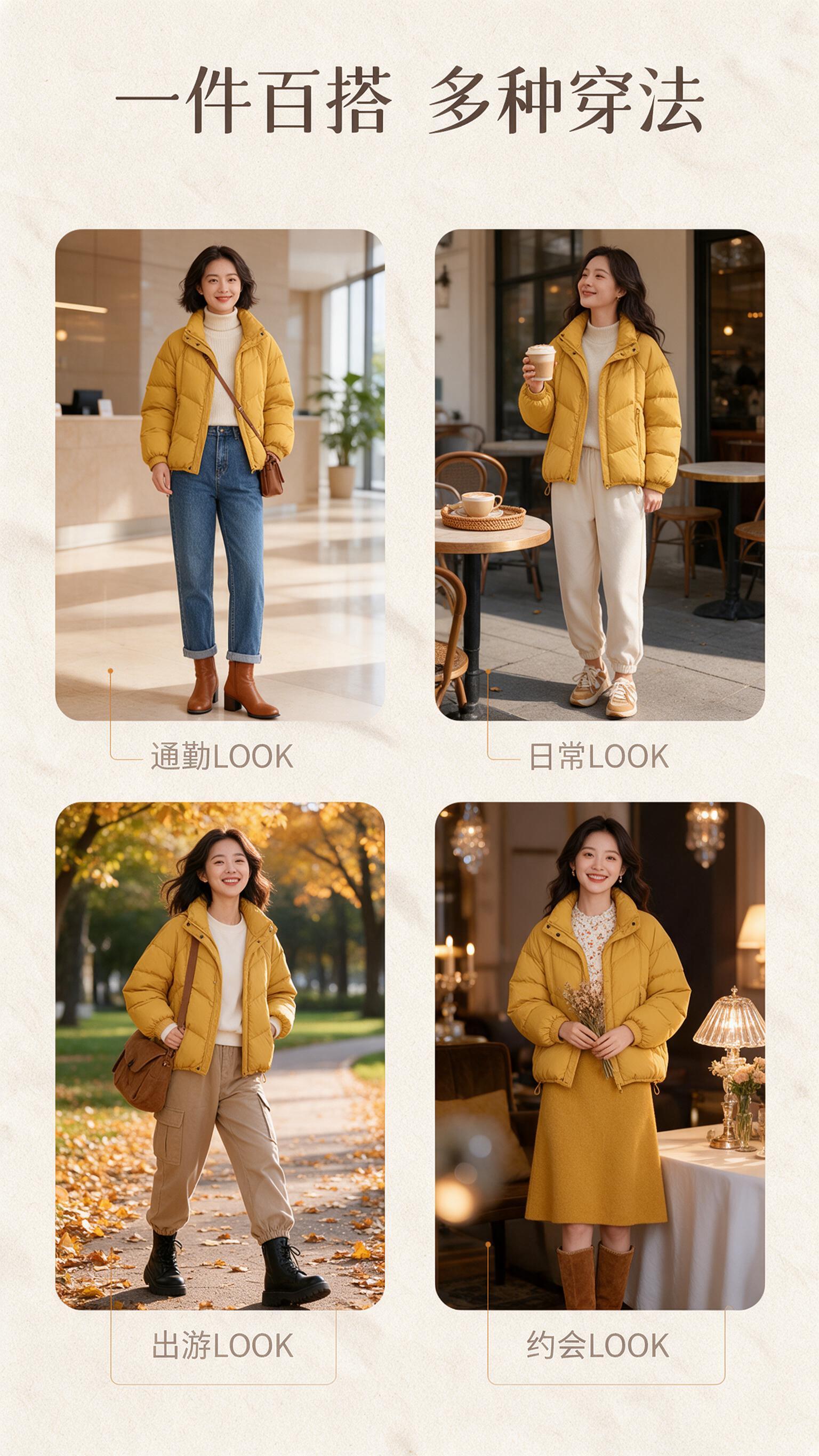 [商品] 使用【图1】姜黄色立领短款羽绒服；商品处理：保留立领… - 图片创意预览