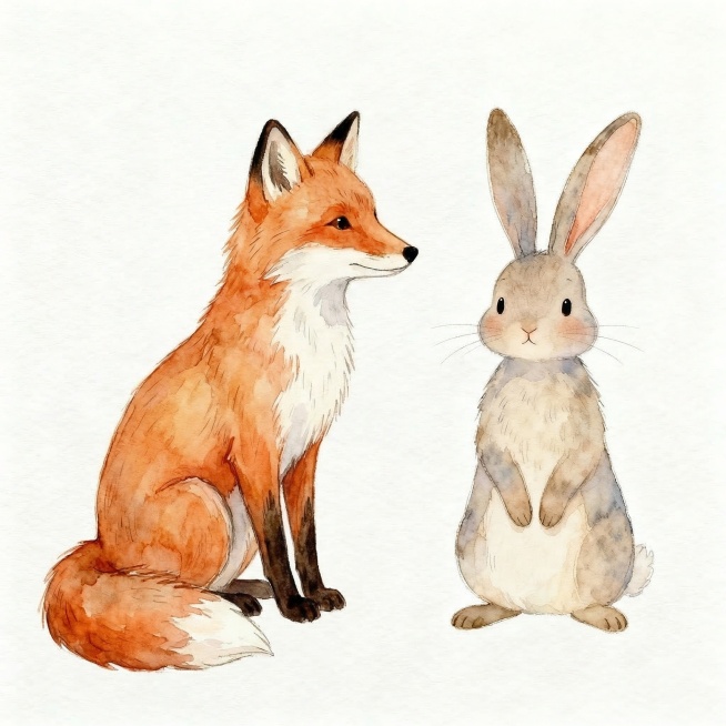 在原图基础上，将狐狸调整为侧坐姿势，保持原来的水彩童话风格，狐狸橘红色毛发和整体配色不变，保留旁边的兔子，背景保持白色水彩纸质感预览效果