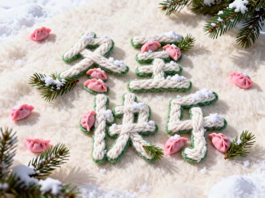 中文艺术字“冬至快乐”，字体由蓬松的白色毛线和绿色松枝编织而成，表面点缀着真实的积雪和微型粉色饺子。背景是柔软的米白色羊毛毡。柔和的侧光照射，投下温暖细腻的阴影，极致细节的微距摄影，毛绒质感突出。预览效果