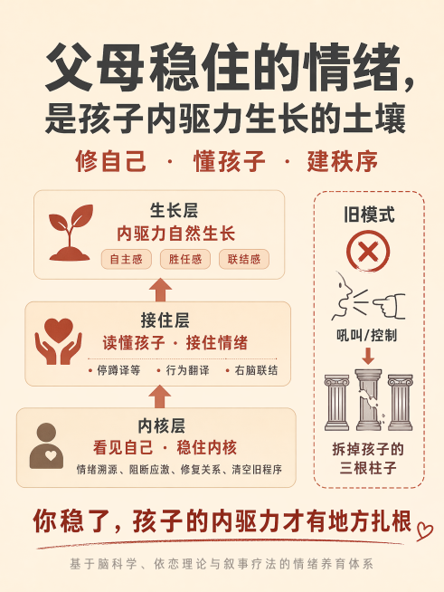 生成一张育儿课程宣传海报，整体风格温暖有逻辑感，视觉清晰，背景为燕麦暖杏色纯色，主色调深灰加砖红色点缀，使用无衬线字体，层级分明，从上到下递进。画面中央三行大字，字体从大到小：第一行：父母稳住的情绪，预览效果