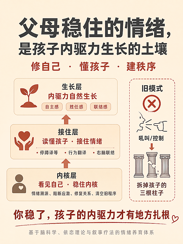 生成一张育儿课程宣传海报，整体风格温暖有逻辑感，视觉清晰，背景为燕麦暖杏色纯色，主色调深灰加砖红色点缀，使用无衬线字体，层级分明，从上到下递进。画面中央三行大字，字体从大到小：第一行：父母稳住的情绪，第二行：是孩子内驱力生长的土壤，第三行：修自己 · 懂孩子 · 建秩序。三行文字下方是简洁三层逻辑框架图，箭头从下往上连接：底层内核层：看见自己 · 稳住内核，小字：情绪溯源、阻断应激、修复关系、清空旧程序；中间接住层：读懂孩子 · 接住情绪，小字：停蹲译等、行为翻译、右脑联结；顶层生长层：内驱力自然生长，三个标签：自主感、胜任感、联结感；右侧对比框：旧模式 ❌ 吼叫/控制 → 拆掉孩子的三根柱子。最底部大字金句：你稳了，孩子的内驱力才有地方扎根，下方小字浅灰色：基于脑科学、依恋理论与叙事疗法的情绪养育体系。