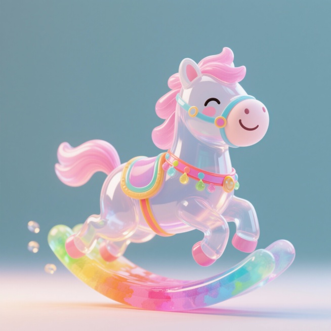 以水彩风格绘制，笔触极为细腻，呈现出一只可爱的Q版小胖马飞跃，眼睛眯起来笑，它有着粉色的毛发，身上有好看彩色的缰绳马鞍配饰整体造型萌趣十足，美好寓意，可用于装饰用途预览效果