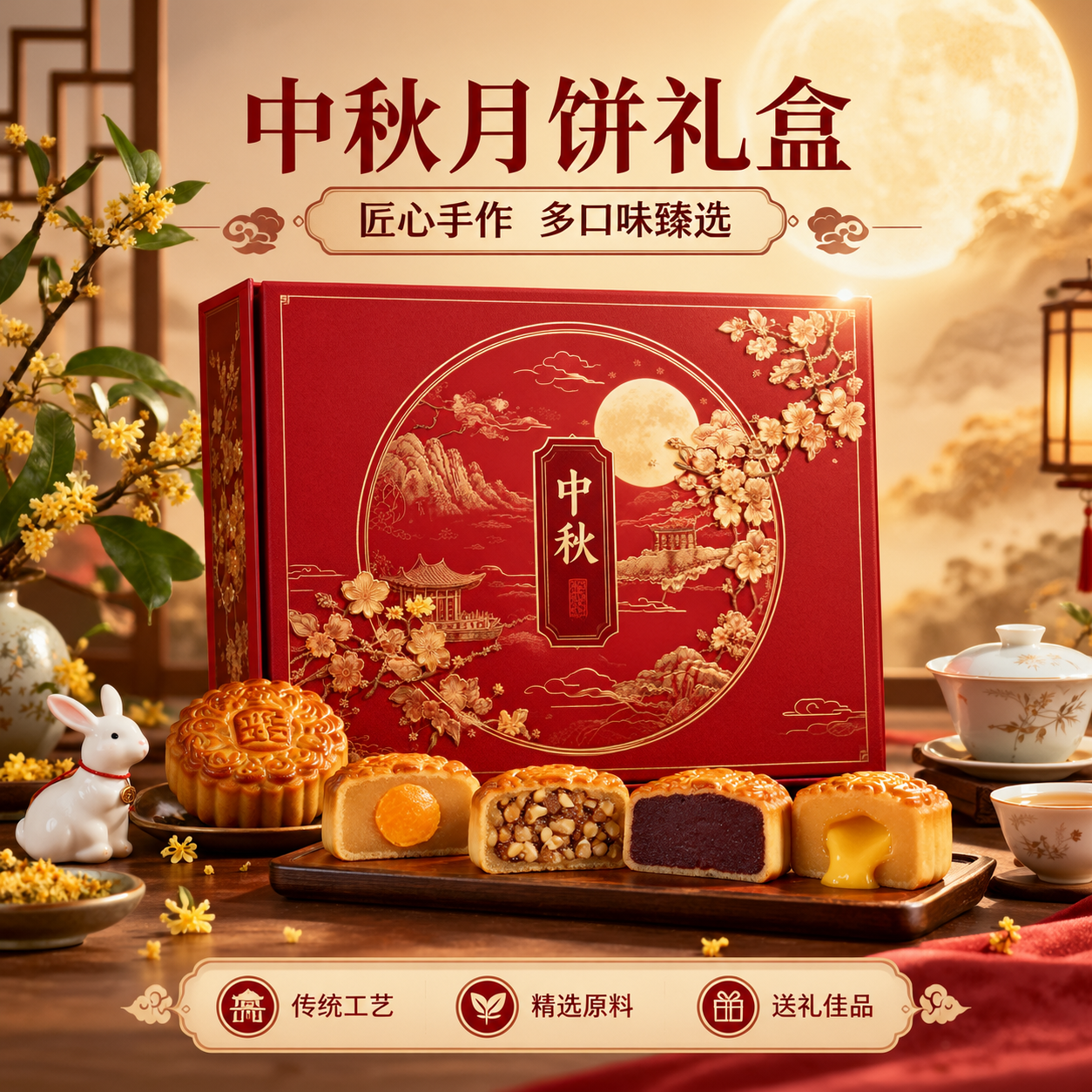 [商品] 中秋月饼礼盒，含多口味月饼（莲蓉蛋黄、五仁、豆沙、流… - 图片创意预览