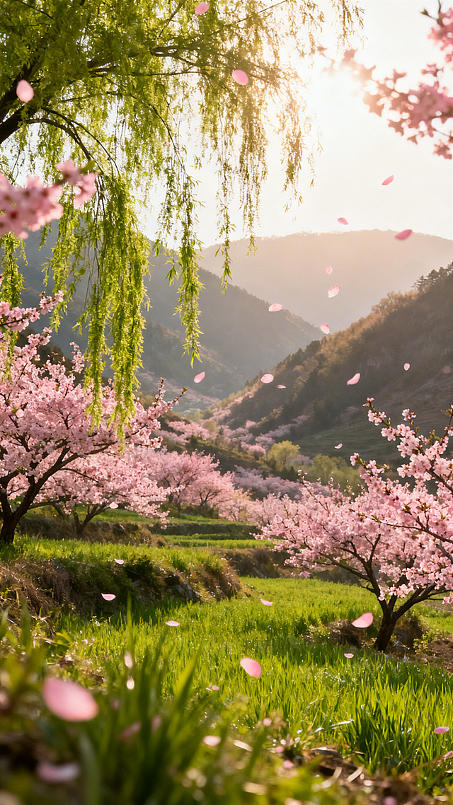 春风吹来，漫山遍野粉色桃花轻轻摇曳，嫩绿柳枝随风摆动，温暖阳光洒满整片山谷，田野上绿草如茵，空中飘着粉色花瓣，清新自然的春日户外风景，唯美治愈的氛围