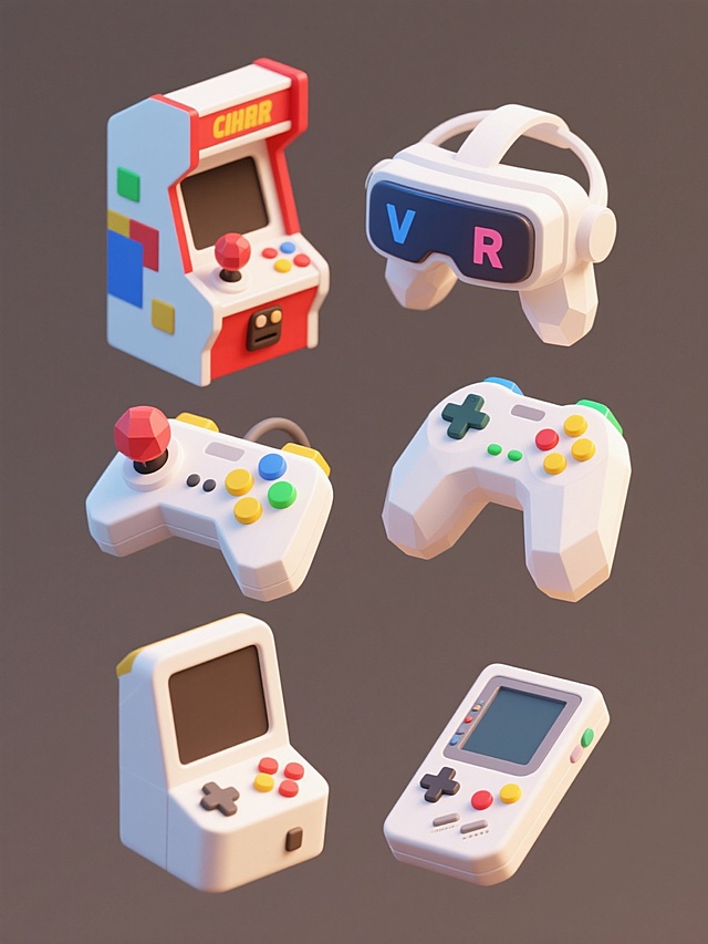 6个不同款式的游戏机元素集合，包括复古街机、掌上游戏机、VR头显、游戏手柄、摇杆街机和便携式游戏机，采用圆润可爱的3D低多边形风格，主体为白色搭配红、蓝、绿、黄等鲜艳色彩的按键和细节，柔和的高光和阴影营造出细腻的塑料质感，每个游戏机造型独特且保持统一的卡通化设计语言，规整地排列在纯色背景上，形成一组风格协调、元素多样的游戏设备系列素材。