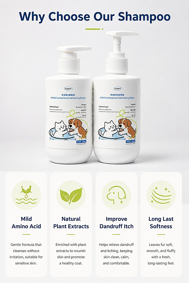 [第2屏] Key Benefits - Core functions display of F.DENT pet shampoo. This screen uses [image1] as the product subject.  
[氛围/风格] Minimalist commercial style, light gray background, clear information hierarchy, focuses on function expression.  
[元素布局] Product placed in the upper half of the screen, accounting for about 50% of the screen; lower half divided into four independent function cards, each card matches a simple corresponding icon; product structure and appearance consistent with the original image.  
[光影质感] Even soft lighting, clear product and card boundaries, soft shadows, comfortable visual level.  
[配色色系] Global background color #f8f9fa; main color off-white cards with dark blue text; auxiliary color light green icon decoration.  
[视角构图] Center composition, upper product lower information, vertical reading flow.  
[文字版式] Title at the top: Why Choose Our Shampoo, four function cards arranged horizontally at the bottom, each card contains one core benefit: 1. Mild Amino Acid, 2. Natural Plant Extracts, 3. Improve Dandruff Itch, 4. Long Last Softness; text size moderate, clear contrast, easy to read.  
[比例分辨率] 9:16 vertical ratio, 4K resolution, clear readable text, high definition quality.  
[负向提示词] Product deformation, text confusion, blurry image, garbled characters, Chinese characters, exaggerated expression.