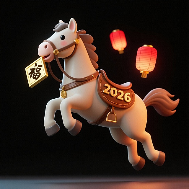主体是一只小马，昂首腾空跃起，棕色鞍具上写着2026字样，马旁边漂浮着2个红色灯笼、嘴里含着金福字，纯黑色背景