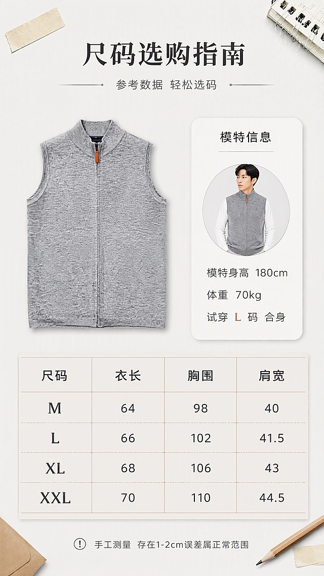 [第6张] 详情页产品信息-男士灰色针织马甲尺码表与选购指南。本张使用【图1】作为商品主体，展示平铺全貌+尺码信息。
[氛围/风格] 简约清晰信息卡风格，浅灰干净背景，信息层级分明。
[元素布局] 上半部分左侧：马甲正面平铺图，占比约35%；上半部分右侧：模特信息小卡片（身高180cm/体重70kg/穿L码）；下半部分：清晰的尺码表格，包含M/L/XL/XXL四个尺码，对应衣长、胸围、肩宽字段；背景为浅灰色卡纸质感，搭配米色胶带、铅笔等文具道具增加设计感。
[光影质感] 顶部均匀柔光，马甲平铺平整，下方自然投影，整体干净明亮，信息清晰易读。
[配色色系] 全局底色 #F5F3EF（米灰）；主色深灰文字+黑色标题；辅助色浅棕表格线+米色装饰。
[视角构图] 上下分区构图，上半部分产品+模特信息，下半部分尺码表，阅读动线从上到下，手机端友好。
[文字版式] 版式为顶部标题 + 上半产品+模特信息 + 下半尺码表。主标题「尺码选购指南」，副标题「参考数据 轻松选码」，顶部居中；模特信息卡文字：「模特身高 180cm 体重 70kg 试穿 L 码 合身」；尺码表表头：尺码/衣长/胸围/肩宽；底部小字提示「手工测量 存在1-2cm误差属正常范围」；文字清晰，表格易读，手机端不费力。
[比例分辨率] 9:16 竖版比例，4K 分辨率，文字清晰可辨，高清画质。
[负向提示词] 马甲变形，颜色偏差，表格模糊，文字过小，水印，文字错乱，背景杂乱。