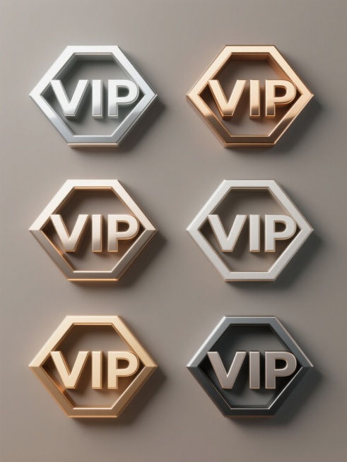 一系列6个不同配色、不同样式、不同材质的「VIP」造型设计，规整排布；每个VIP造型采用简约现代风格，主体为立体金属质感框架内嵌几何图形，部分造型带有环绕式装饰元素，呈现出高光与阴影的细腻光影效果，色彩过渡自然柔和，整体置于纯色背景上，无任何文字、logo及水印。预览效果