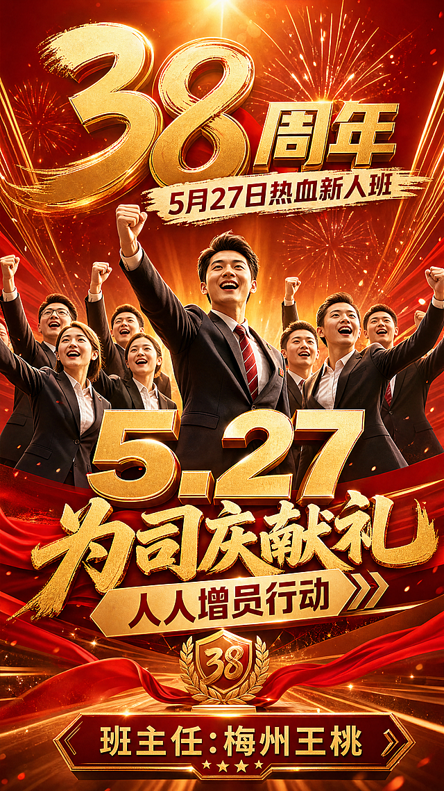 高质量商业海报，保险公司38周年司庆，主题“5月27日热血新人班”。画面风格热血激情专业，主色调喜庆中国红与荣耀金。画面中心是一群充满朝气的年轻保险精英，做出“人人增员”的激昂动作。包含醒目的艺术字：“38周年”、“5.27”、“为司庆献礼”、“人人增员行动”。海报下方显著位置标注文字“班主任:梅州王桃”。背景有金色的礼花和光效，无具体城市地标，现代商业插画风格，8k超高清，电影级布光。