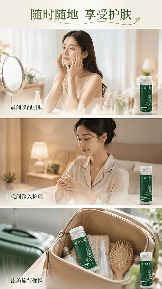 [第7屏] 多场景种草屏，展示日常不同护肤使用时刻，分为三格拼图展示。使用产品图点缀。
[氛围/风格] 生活化场景，自然温馨，真实日常氛围感，浅景深虚化背景。
[元素布局] 画面纵向分为三格，每格展示一个使用场景：第一格：晨间梳妆台护肤，第二格：晚间睡前护理，第三格：差旅随身携带；每格场景搭配一个小尺寸产品图，使用【图3】乳液瓶，保持产品外观颜色一致；产品在每个场景角落点缀，不遮挡场景。三格场景排列整齐，留白适中。
[光影质感] 每个场景使用符合场景的柔和自然光，整体通透干净，产品清晰。
[配色色系] 整体低饱和度浅色调，背景浅米白，产品保持墨绿色，场景搭配原木色和绿植绿色。
[视角构图] 纵向三格拼图，每格独立场景，从上到下阅读，动线流畅。
[文字版式] 顶部主标题："随时随地 享受护肤"，每个场景下方配短句说明："晨间唤醒肌肤"  "晚间深入护理"  "出差旅行便携"，文字小而清晰，不遮挡场景主体。
[比例分辨率] 9:16 竖版比例，4K分辨率，高清画质。
[负向提示词] 产品变形，场景杂乱，文字遮挡产品，配色过于鲜艳，文字模糊。