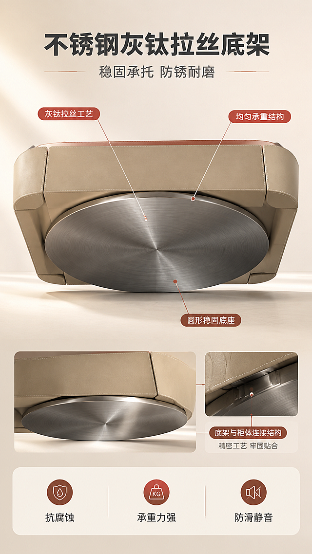 [商品] 使用【图1】DC-138B马鞍皮大方几底部结构；保留不锈钢灰钛拉丝底架的颜色、质感和圆形底座轮廓；商品处理：仰视角度展示底部不锈钢底座，增强金属拉丝纹理和灰钛质感，体现承托结构的稳固性。
[画面] 目标：底架结构与工艺展示，证明稳固耐用。上文下景版式，顶部1/4文案区，下方3/4为产品底部仰视+侧视组合展示。主视觉为大方几底部仰视角度，清晰呈现圆形不锈钢灰钛拉丝底座，旁边小图展示底架与柜体连接结构。背景为深灰到浅灰渐变，突出金属反光质感，整体仍保持亮色调。
[视觉] 套系策略：风格=现代轻奢高级商业摄影；标题字=现代无衬线粗体（思源黑体Heavy）；正文字=简洁无衬线体（思源黑体Regular）；主色=暖米白+浅卡其；背景延展=基于暖米白做深浅层级、同色渐变和细腻哑光质感；强调色=岩板棕红，仅用于小面积图标、引线和标签；标题色=深炭灰；正文色=中暖灰；组件=圆角浅底信息卡、细线引线、极简icon；光影=侧方暖光勾勒金属轮廓，拉丝纹理清晰可见，整体明亮通透。
[文字] 顶部主标题「不锈钢灰钛拉丝底架」（10字），副标题「稳固承托 防锈耐磨」（8字）。画面中引线标注三处：「灰钛拉丝工艺」「圆形稳固底座」「均匀承重结构」。底部三个图标卖点：「抗腐蚀」「承重力强」「防滑静音」。文字横排。
[规格] 图片比例9:16竖版，4K分辨率，淘宝/天猫适配，中文文案，避免变形、错字、文字过小、冷蓝/冷灰背景、产品颜色改变、结构失真、极限词。